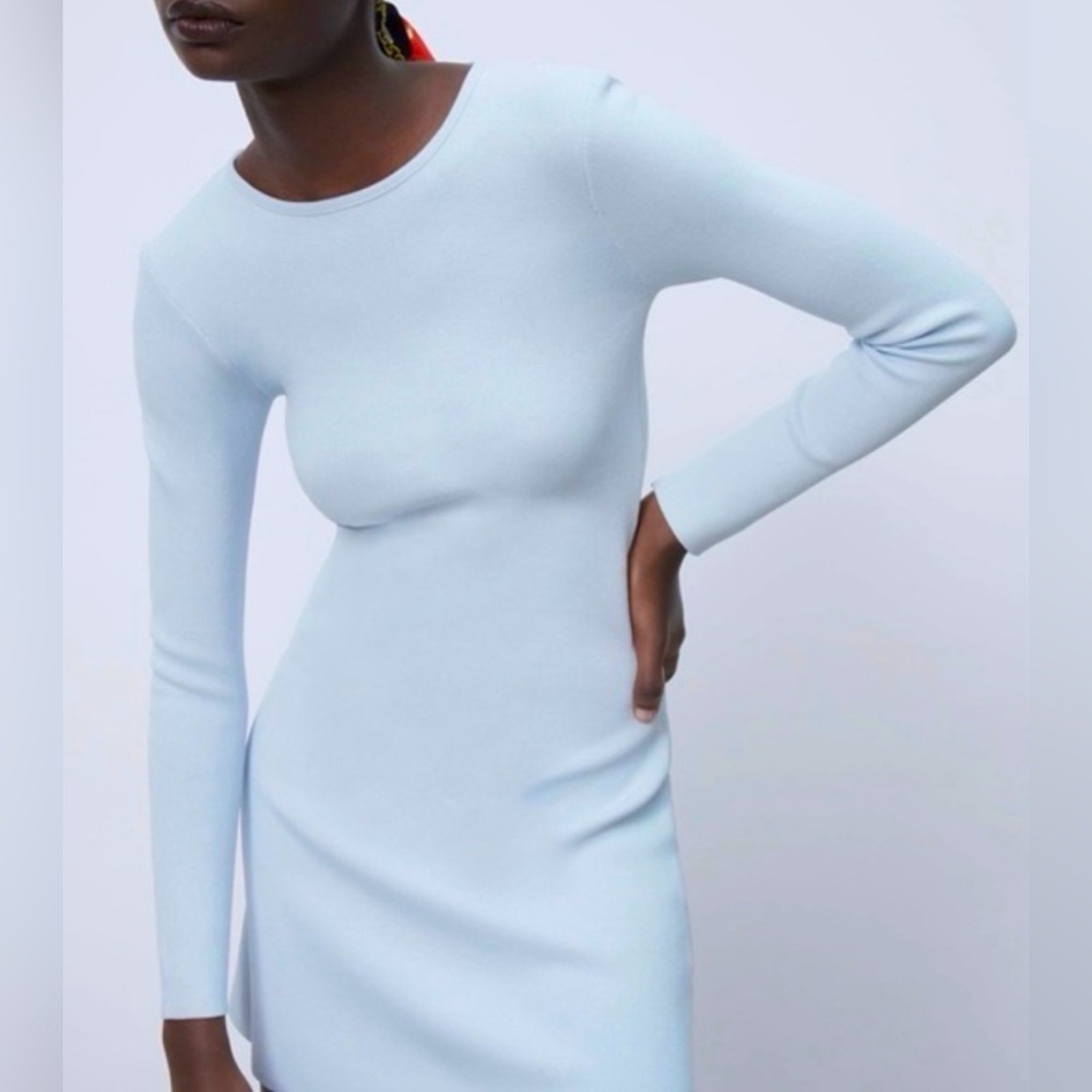 Zara Long Sleeve Powder Blue A-Line Sweater Mini Swing Dress ZB12 ✨
